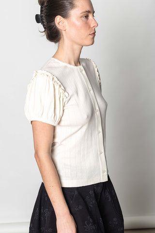 Pointelle Puff Sleeve Cardigan - Ecru/Pearl