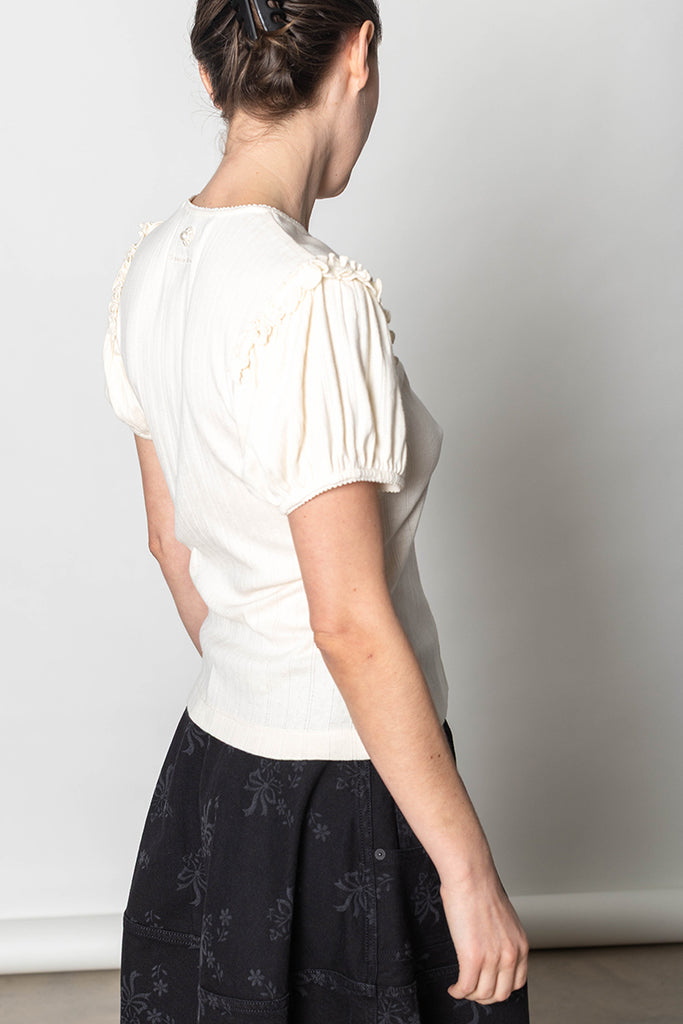 Pointelle Puff Sleeve Cardigan - Ecru/Pearl