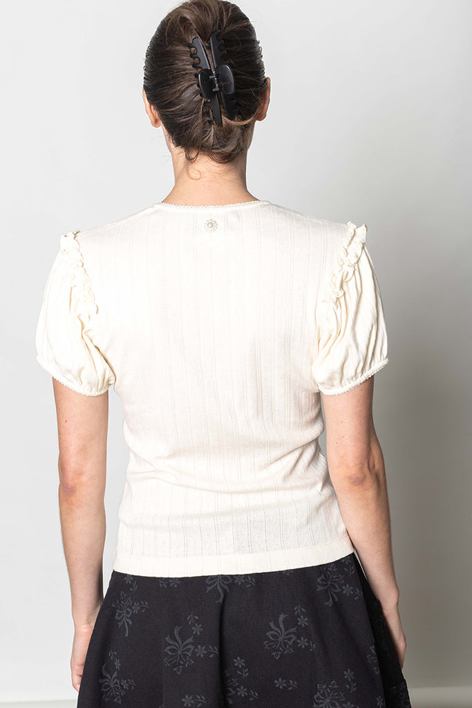 Pointelle Puff Sleeve Cardigan - Ecru/Pearl