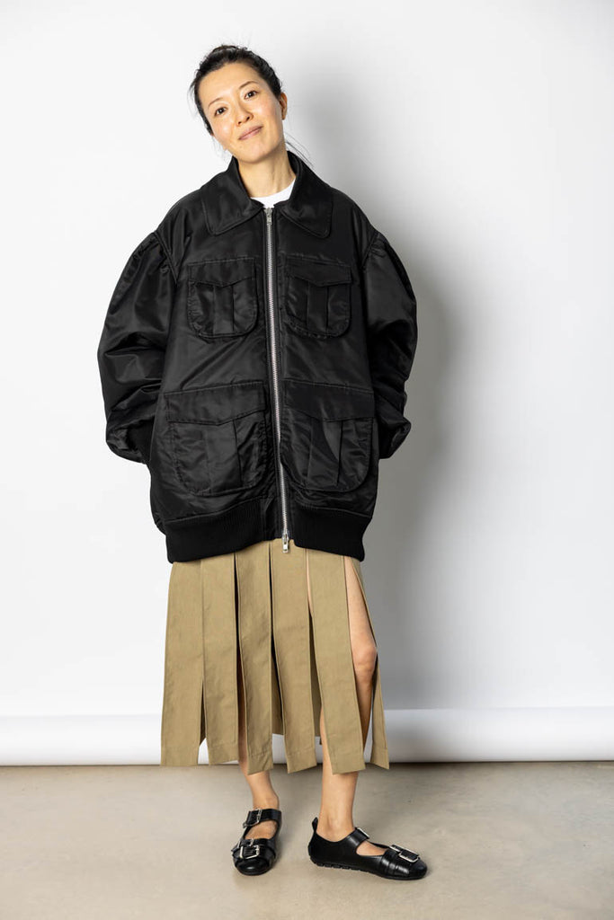 Puffed Sleeve Multi Pocket Bomber Jacket - Black