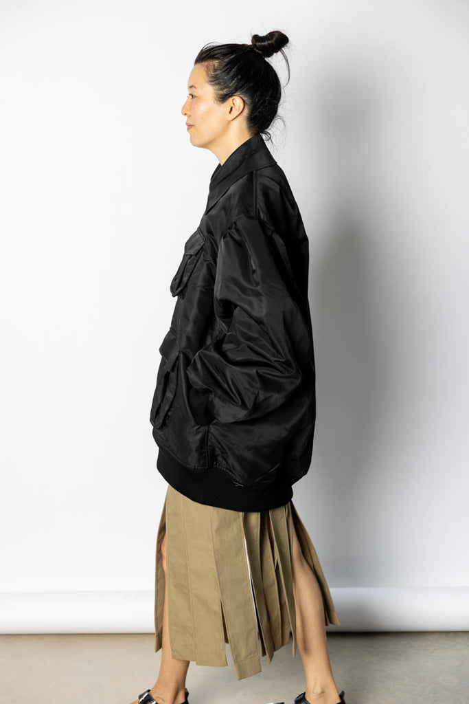 Puffed Sleeve Multi Pocket Bomber Jacket - Black