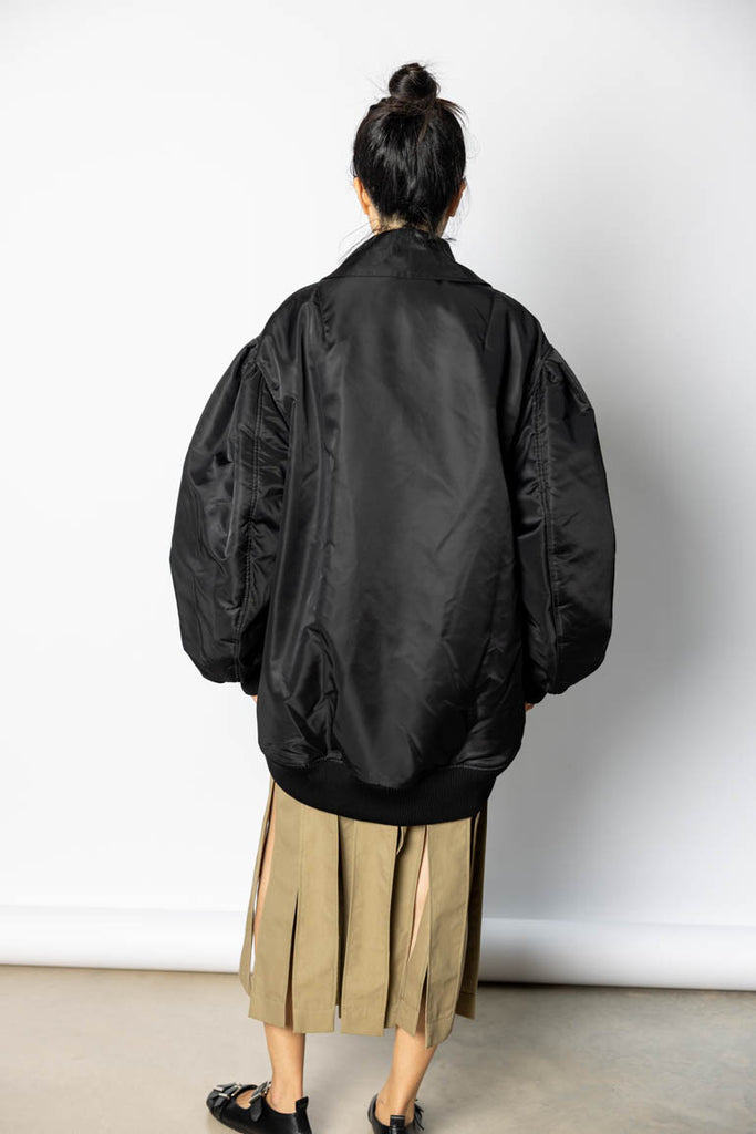 Puffed Sleeve Multi Pocket Bomber Jacket - Black