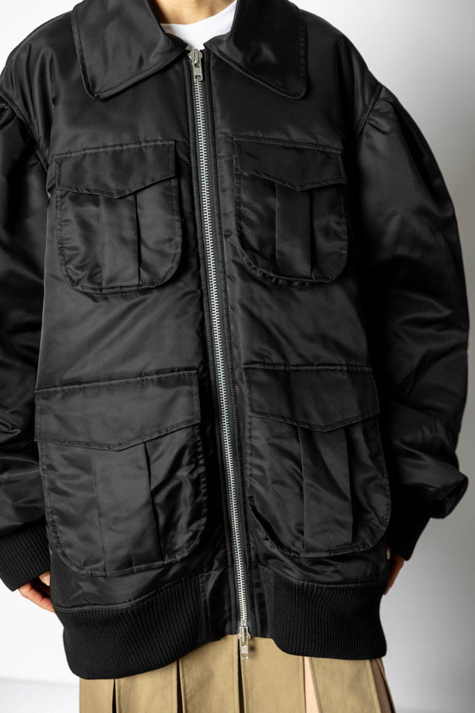 Puffed Sleeve Multi Pocket Bomber Jacket - Black