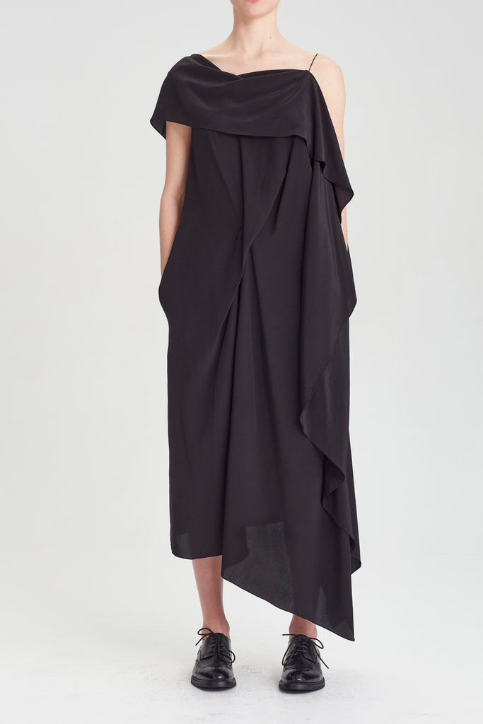 Origami Drape Sleeve Dress - Black