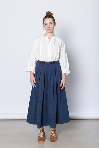 Railroad Stripe Pleated Cotton Skirt - Denim Blue