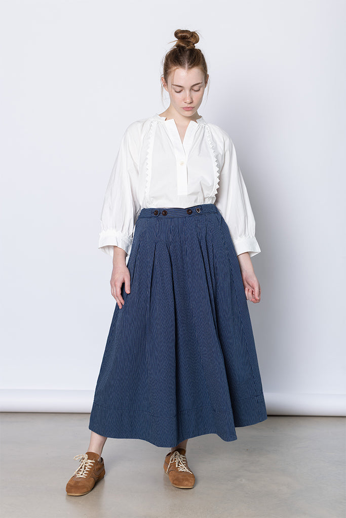 Railroad Stripe Pleated Cotton Skirt - Denim Blue