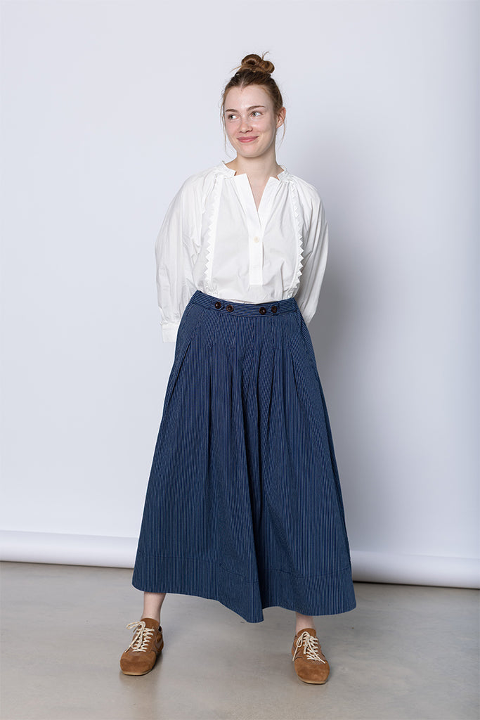 Railroad Stripe Pleated Cotton Skirt - Denim Blue