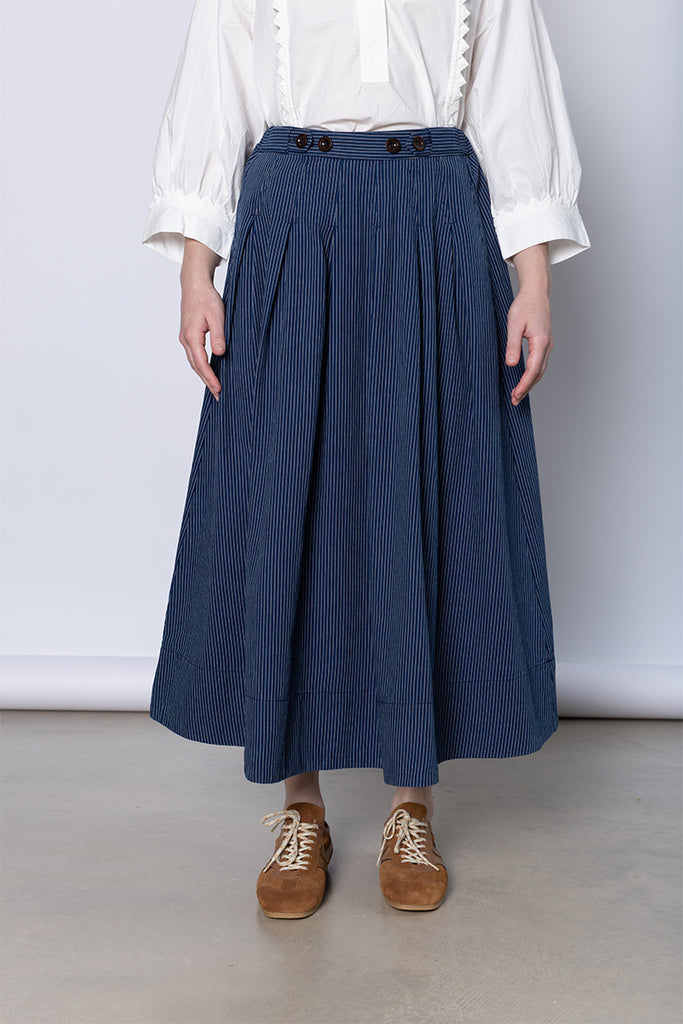 Railroad Stripe Pleated Cotton Skirt - Denim Blue
