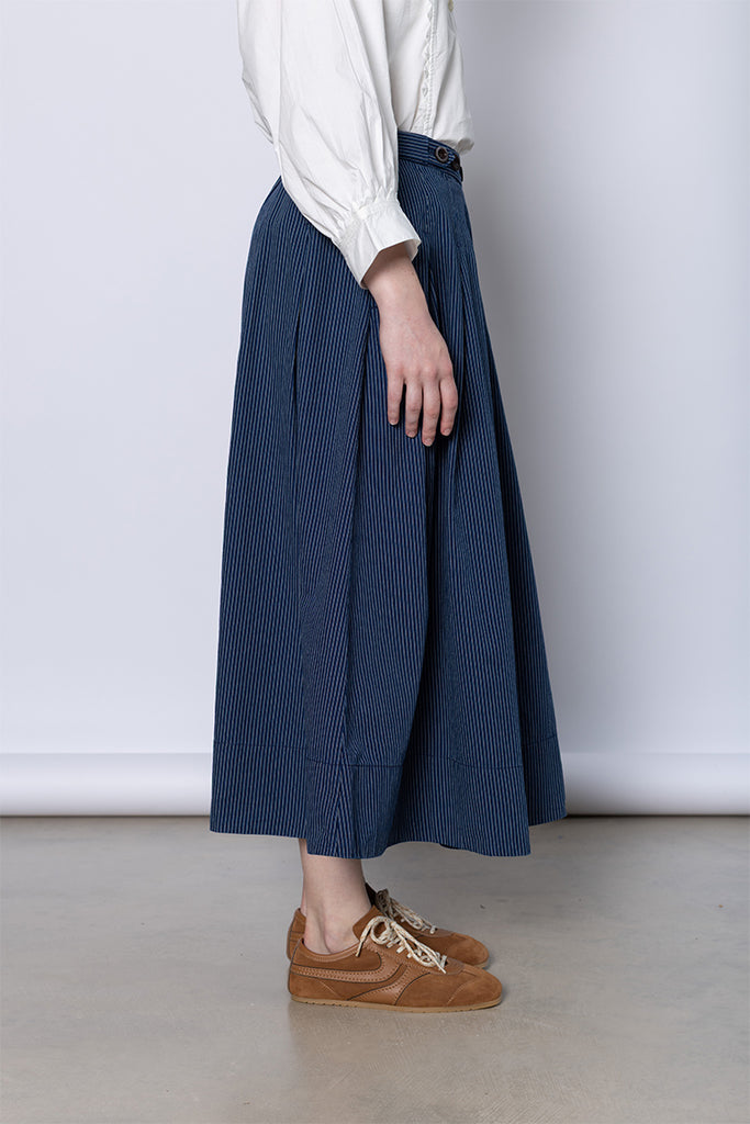 Railroad Stripe Pleated Cotton Skirt - Denim Blue