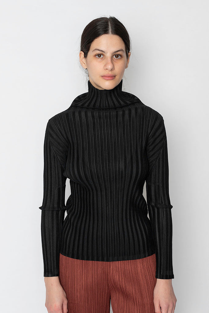 Rib Pleats Basic Long Sleeve Top - Black