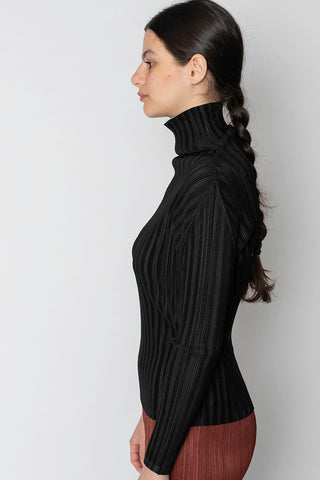 Rib Pleats Basic Long Sleeve Top - Black