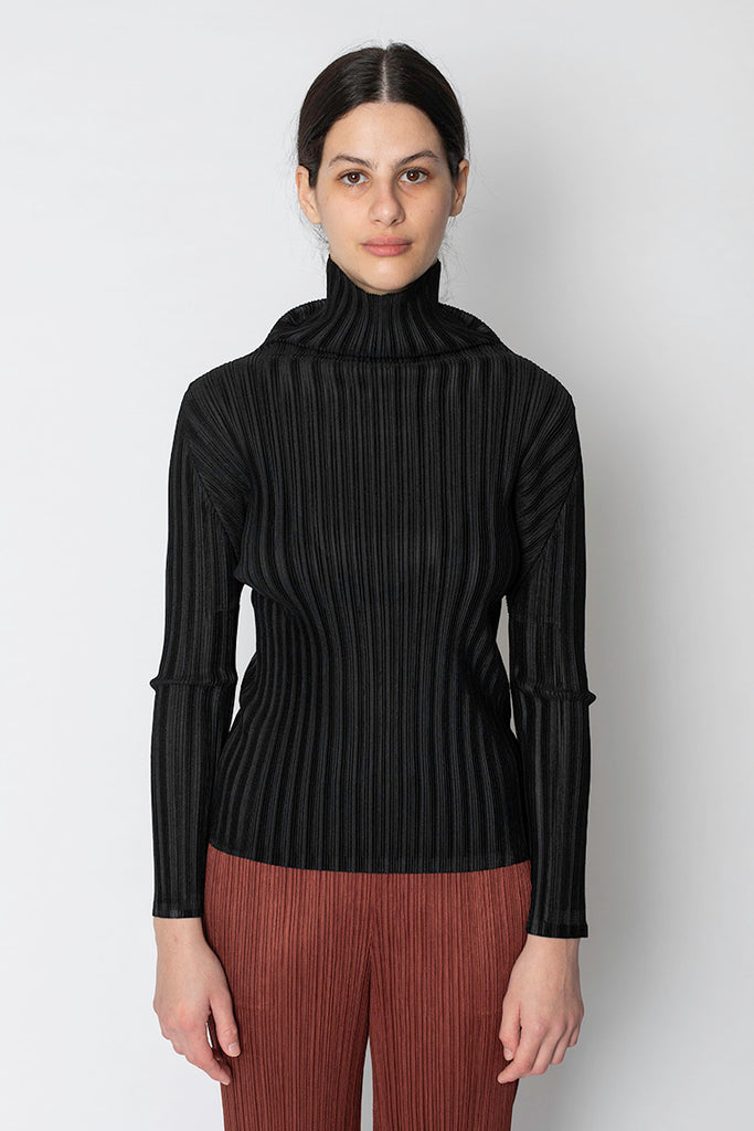 Rib Pleats Basic Long Sleeve Top - Black