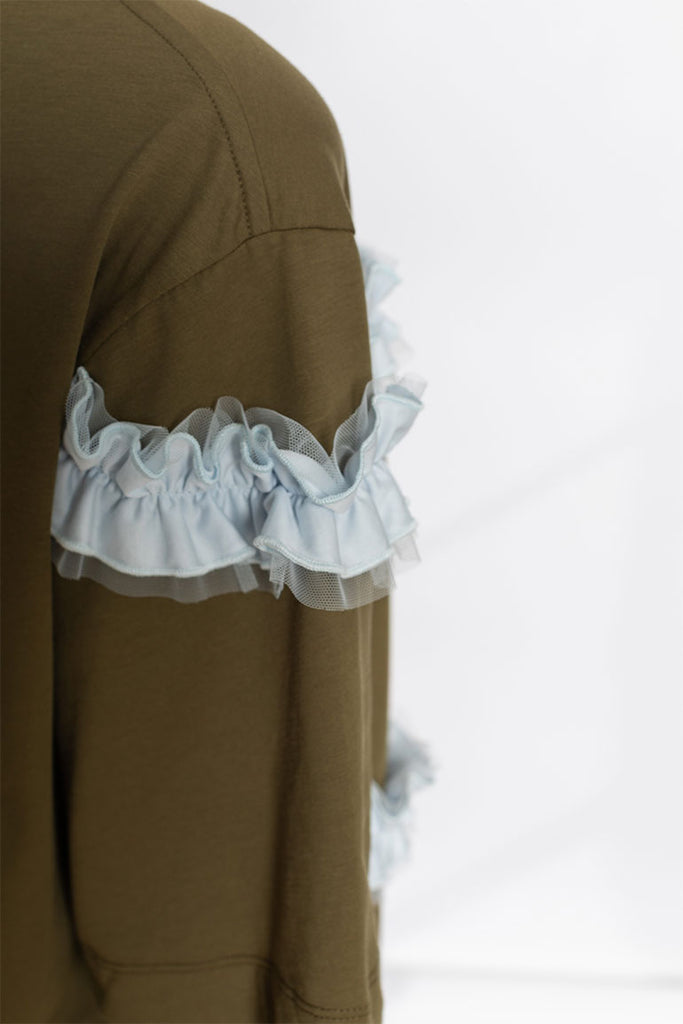 Ruffle Frill T-Shirt - Khaki/Pale Blue