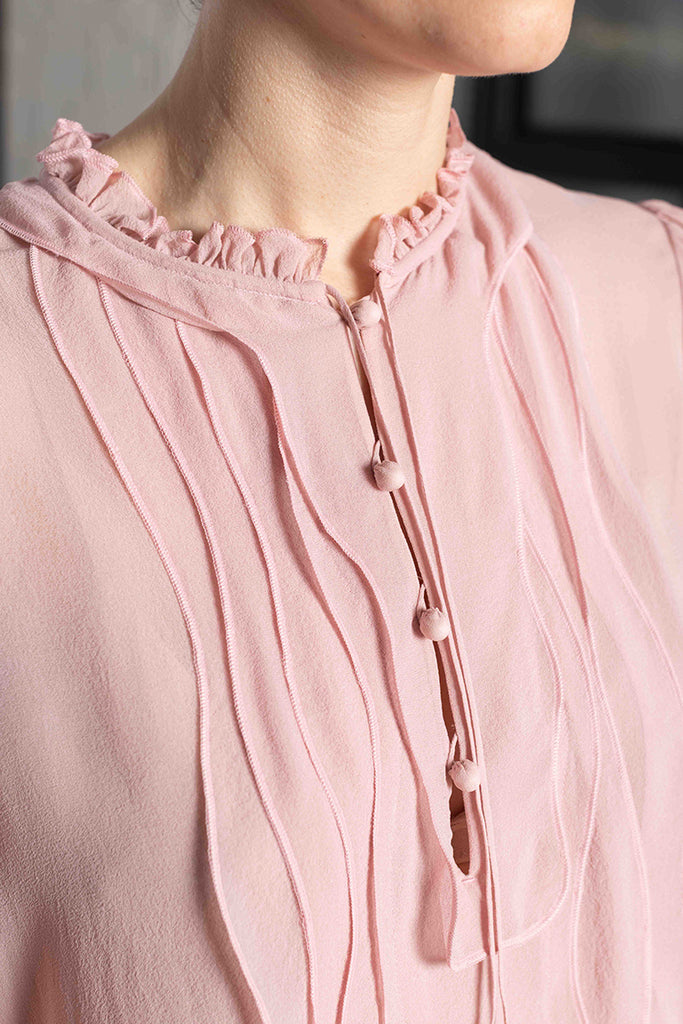 Ruffle Trim Silk Shirt - Pink