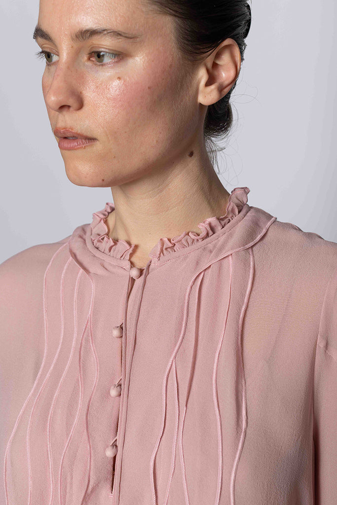 Ruffle Trim Silk Shirt - Pink