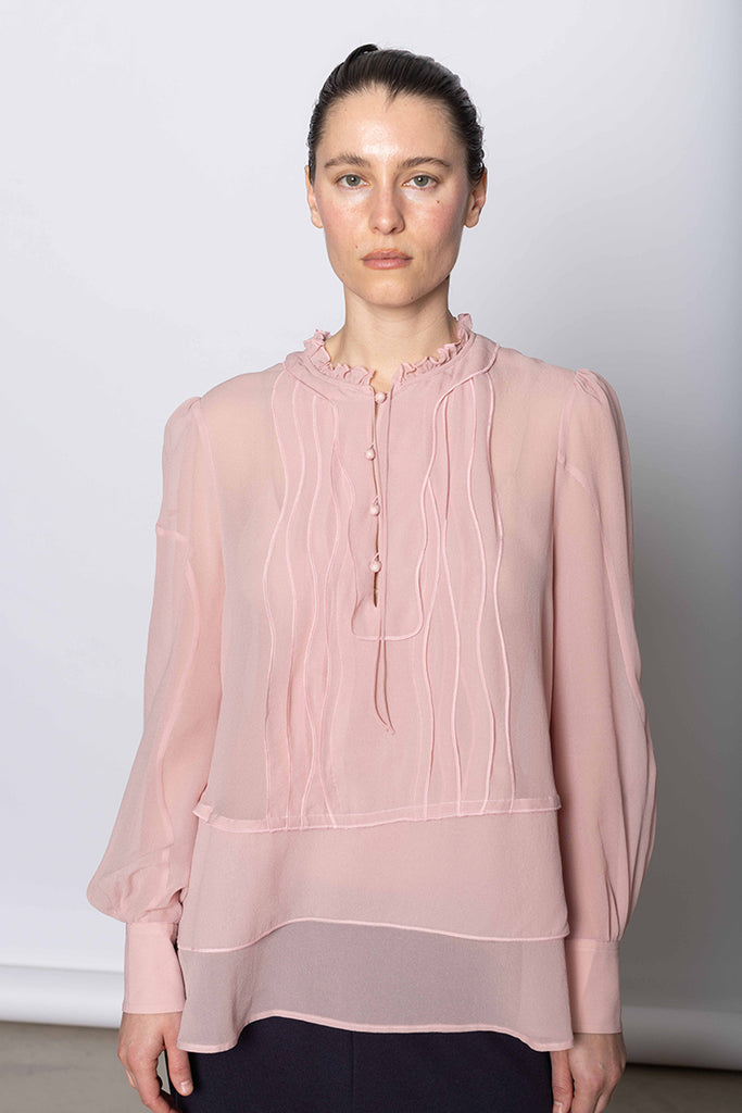 Ruffle Trim Silk Shirt - Pink