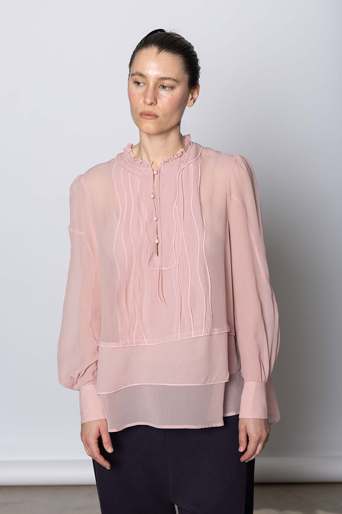 Ruffle Trim Silk Shirt - Pink