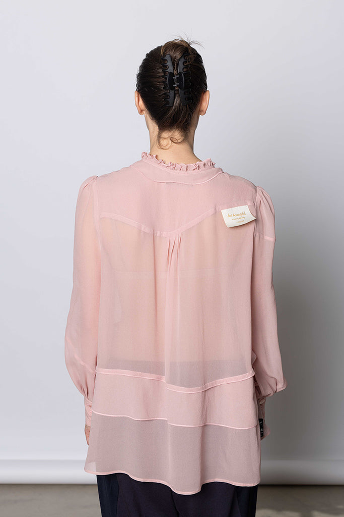 Ruffle Trim Silk Shirt - Pink