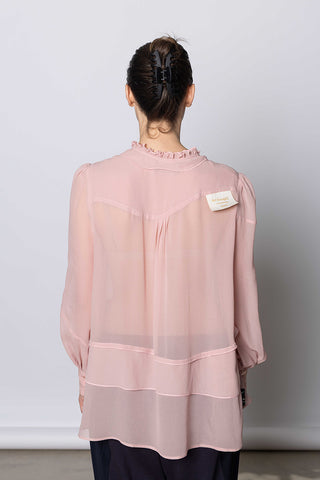 Ruffle Trim Silk Shirt - Pink