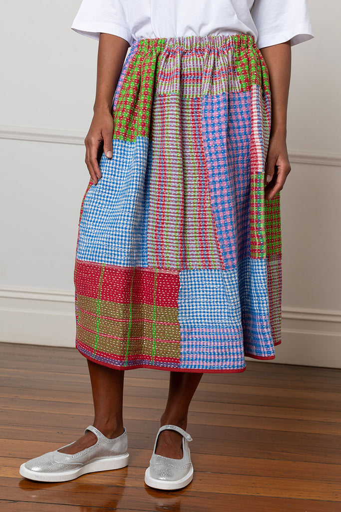 Sashiko Stitch Patchwork Skirt - Multi