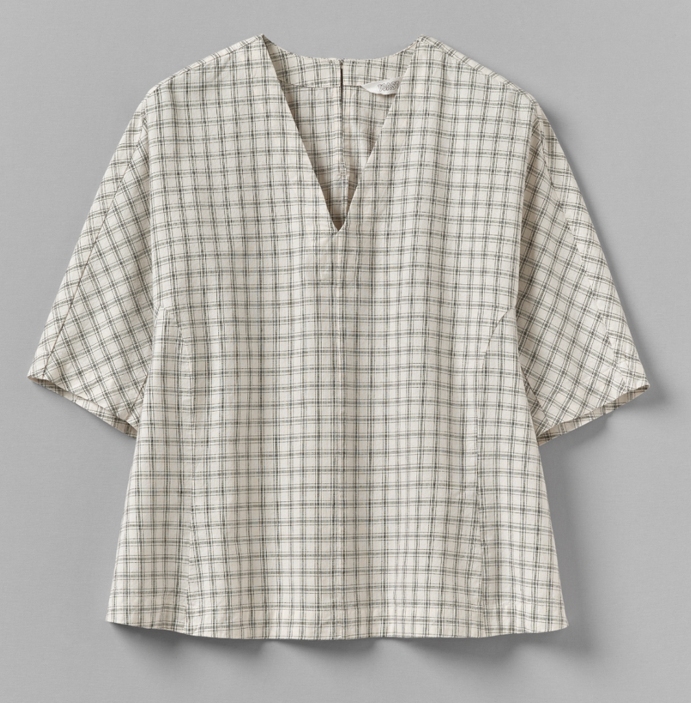 Cotton Window Pane Check V Neck Top - Ecru/Slate