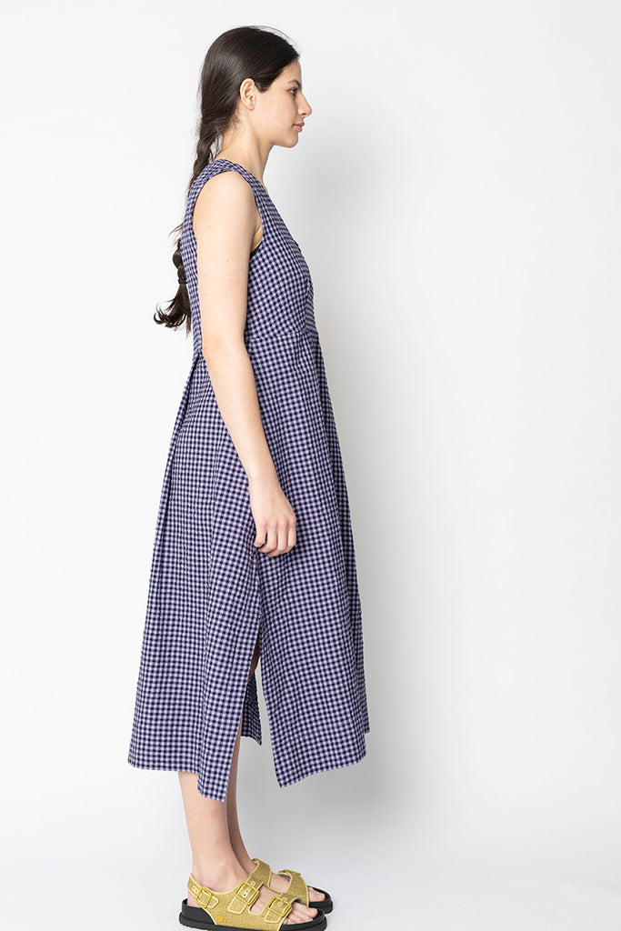 Seersucker Cotton Gingham Split Hem Dress - Lilac