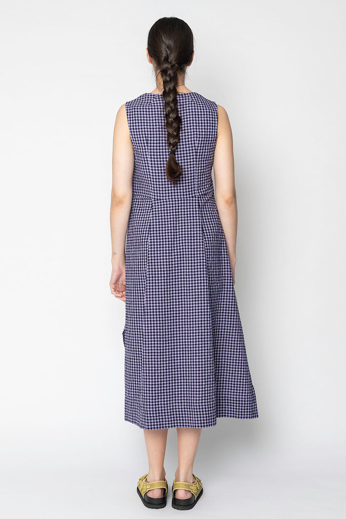 Seersucker Cotton Gingham Split Hem Dress - Lilac