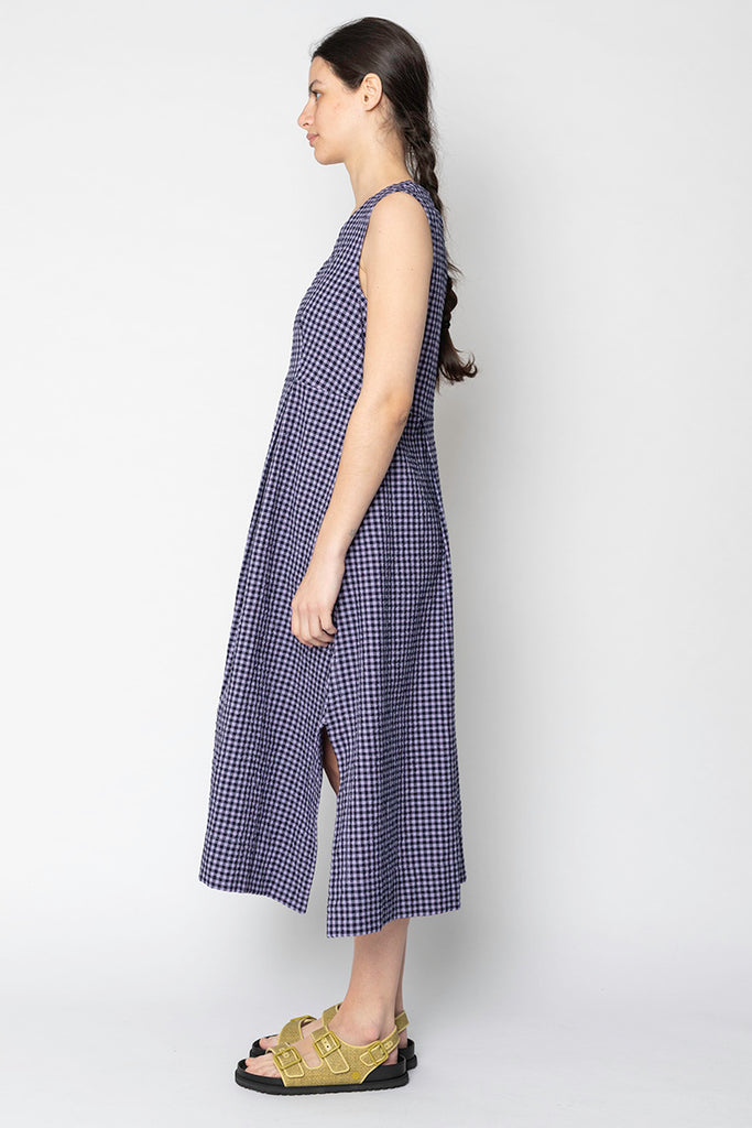 Seersucker Cotton Gingham Split Hem Dress - Lilac