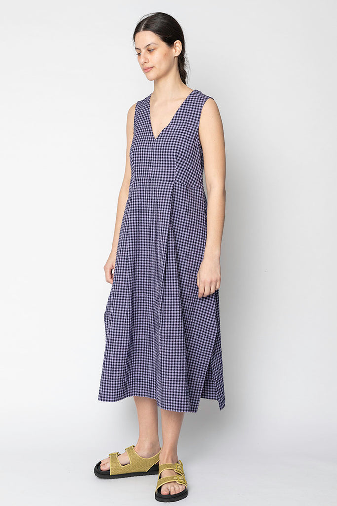 Seersucker Cotton Gingham Split Hem Dress - Lilac