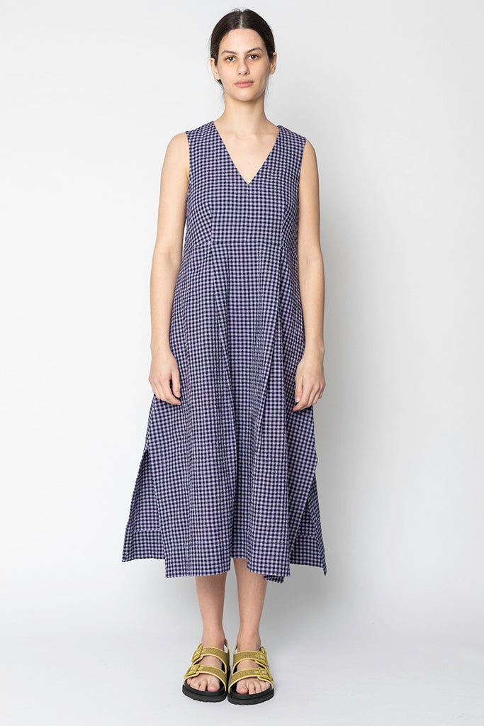 Seersucker Cotton Gingham Split Hem Dress - Lilac