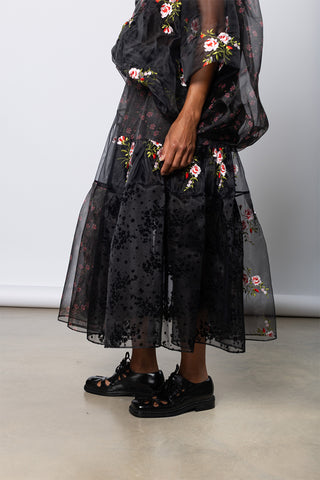 Sheer Overlay Long Patchwork Flounce  Skirt - Black