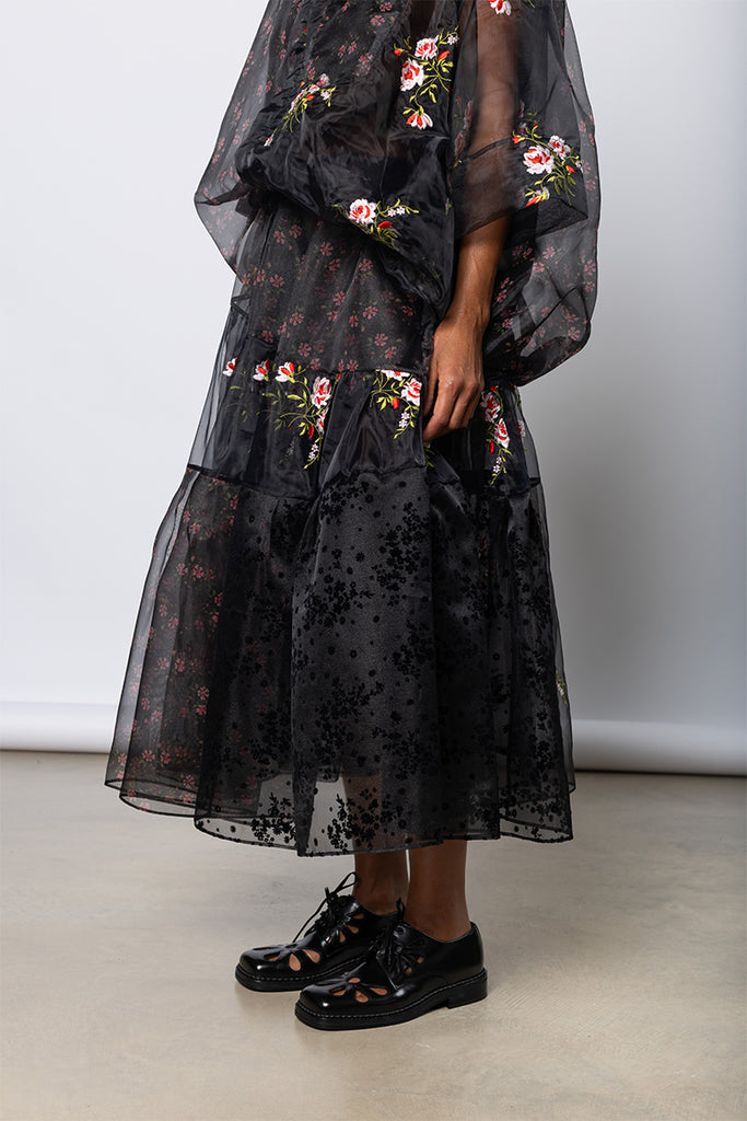 Sheer Overlay Long Patchwork Flounce  Skirt - Black