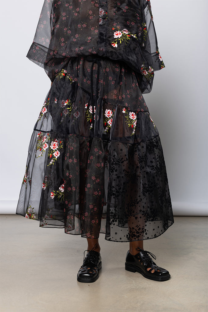 Sheer Overlay Long Patchwork Flounce  Skirt - Black