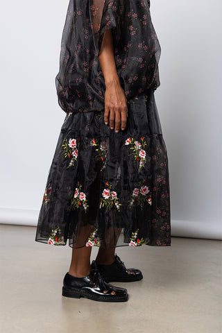 Sheer Overlay Long Patchwork Flounce  Skirt - Black