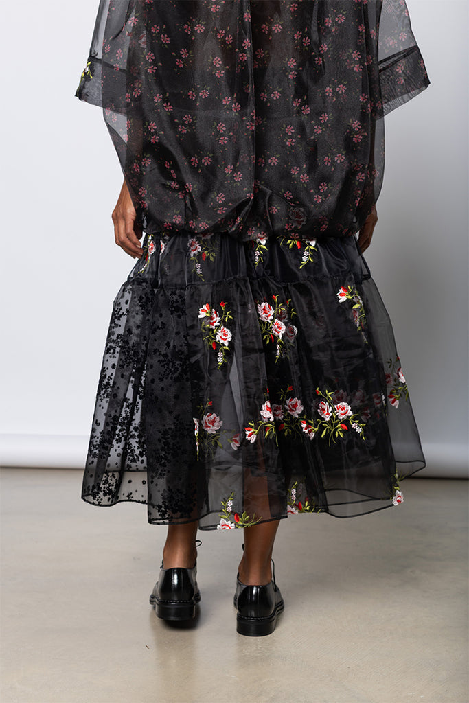 Sheer Overlay Long Patchwork Flounce  Skirt - Black