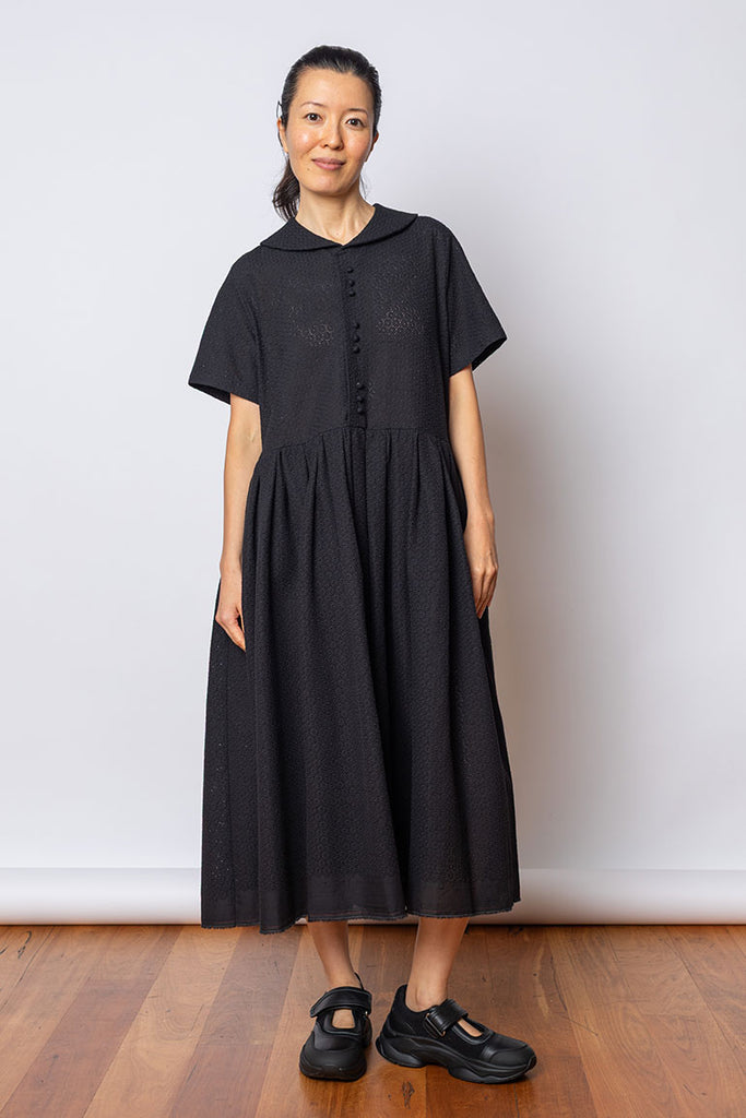 Short Sleeve Cotton Lace Dress - Black