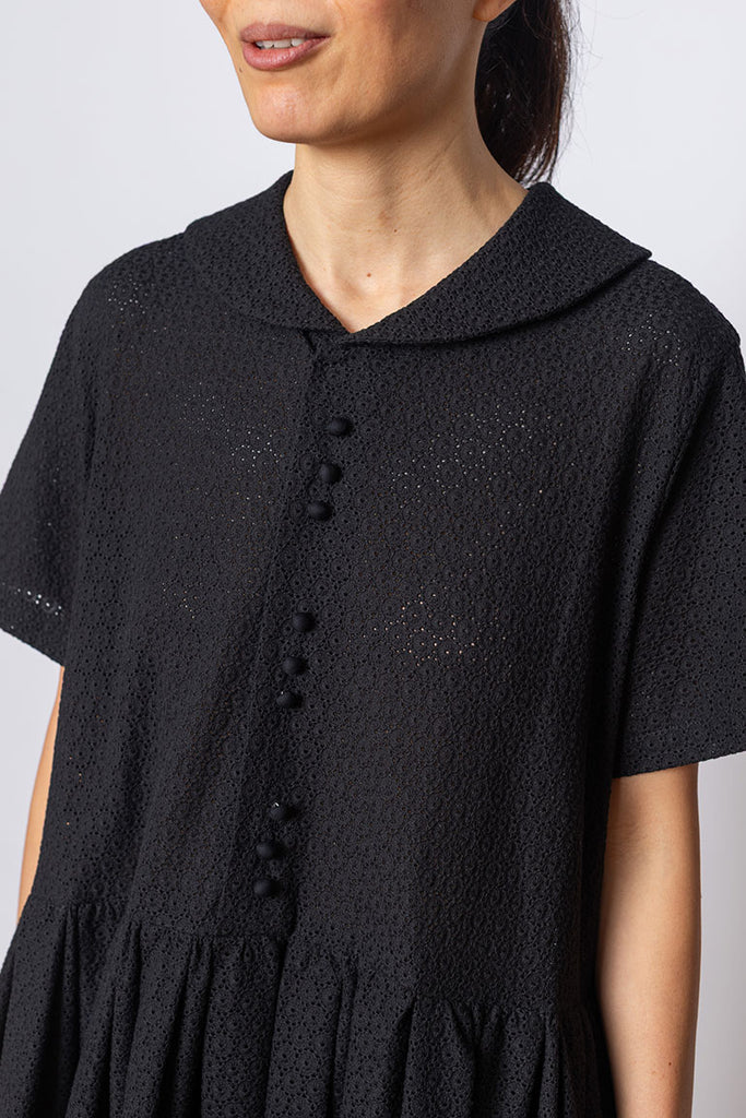 Short Sleeve Cotton Lace Dress - Black