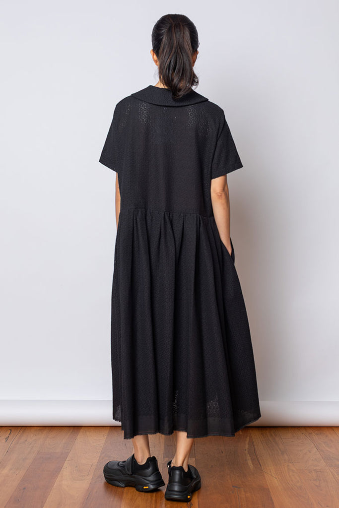 Short Sleeve Cotton Lace Dress - Black