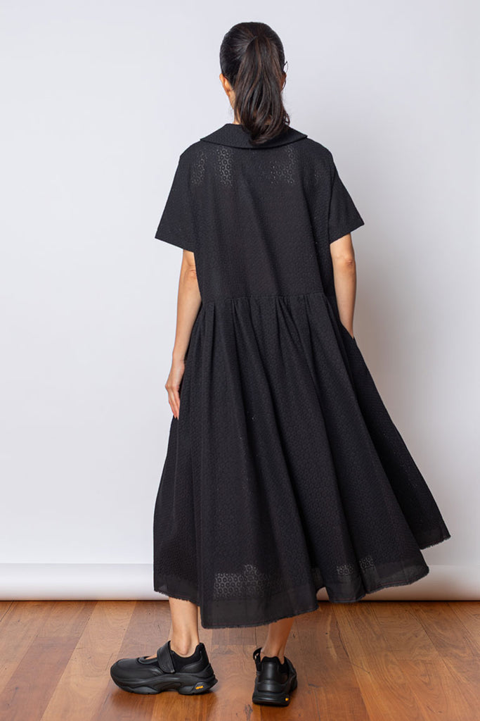 Short Sleeve Cotton Lace Dress - Black