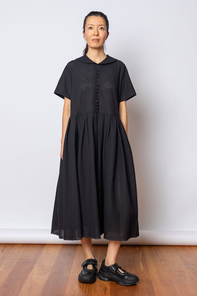 Short Sleeve Cotton Lace Dress - Black