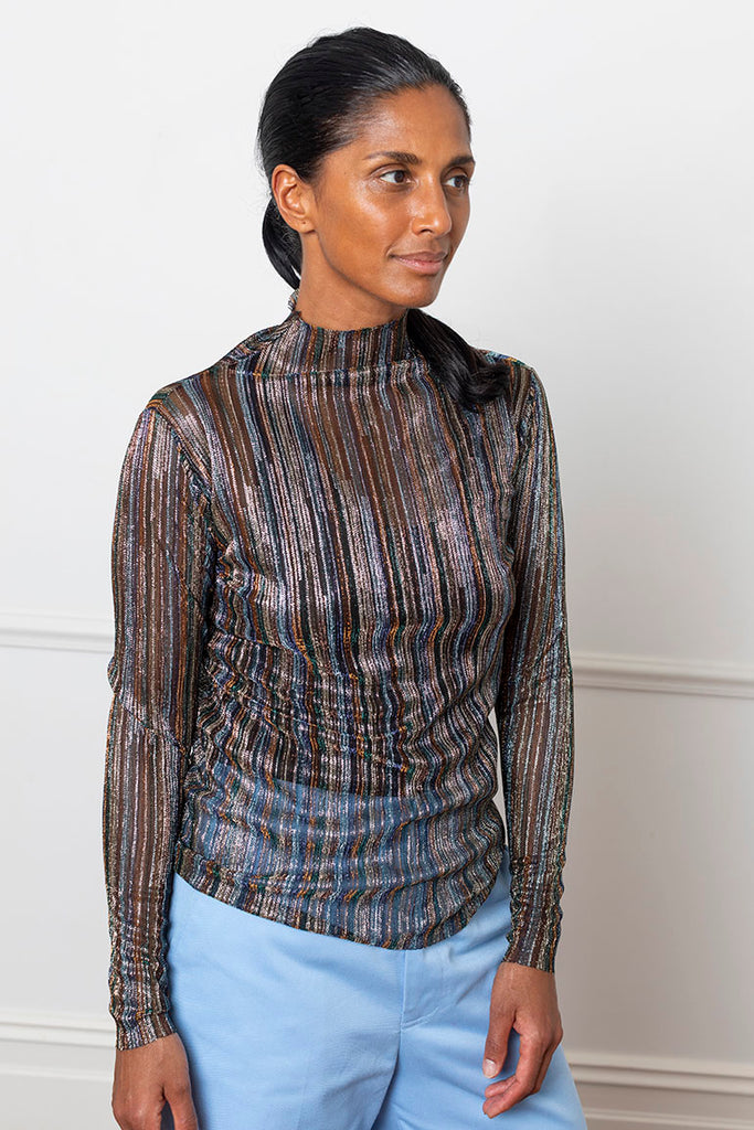 Silhouette High Neck Mesh Top - Metallic Stripe