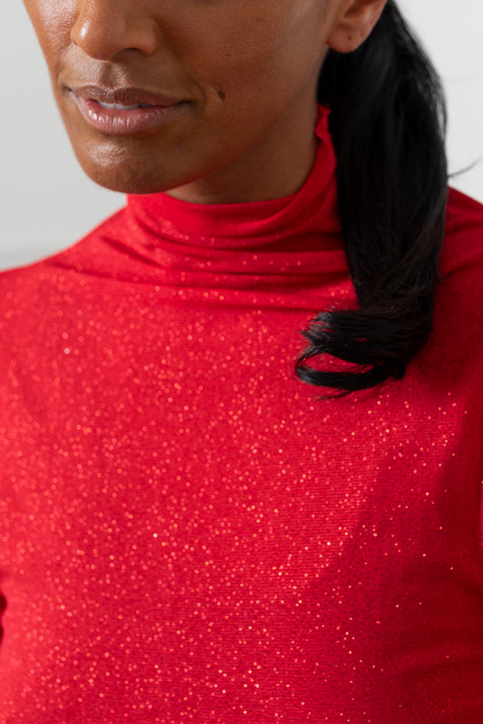 Silhouette High Neck Mesh Top - Red Sparkle