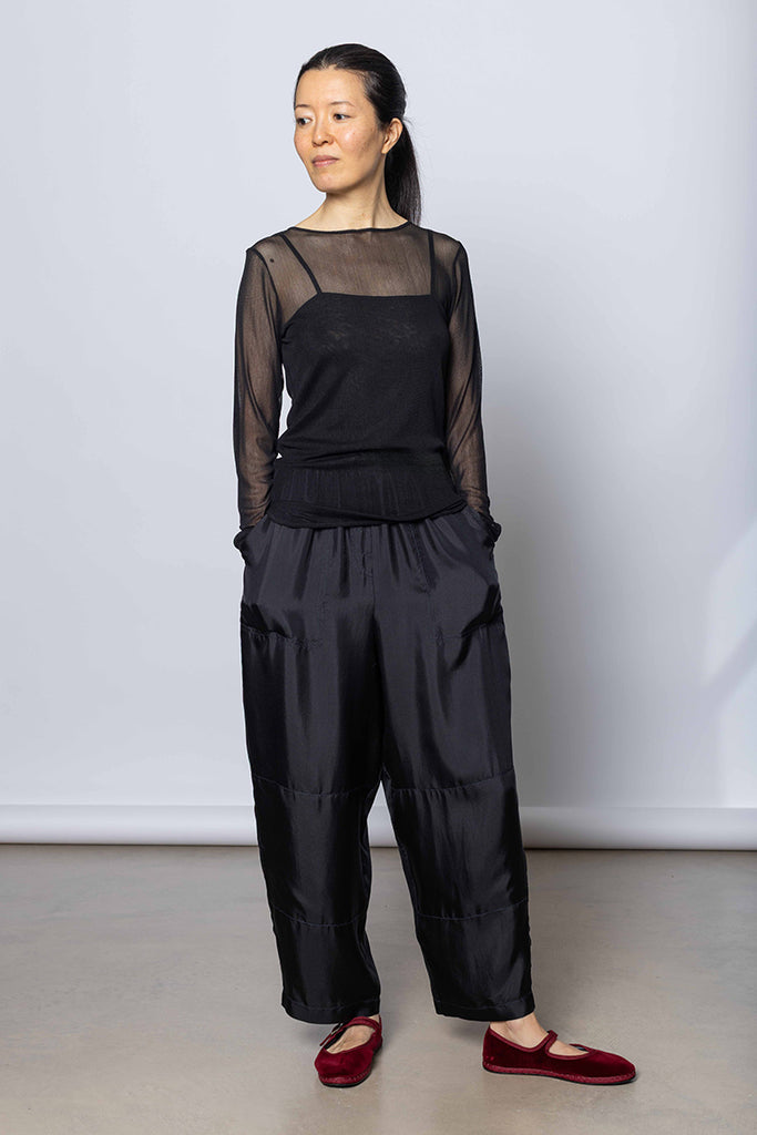 Silk Net Fitted Long Sleeve Top - Black