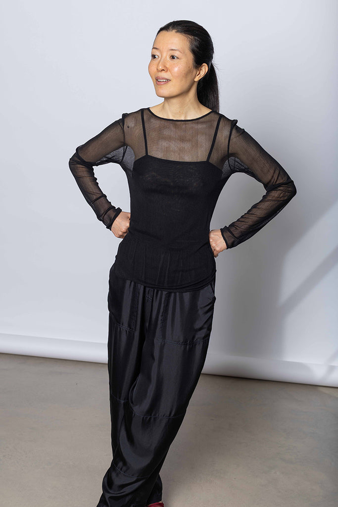 Silk Net Fitted Long Sleeve Top - Black