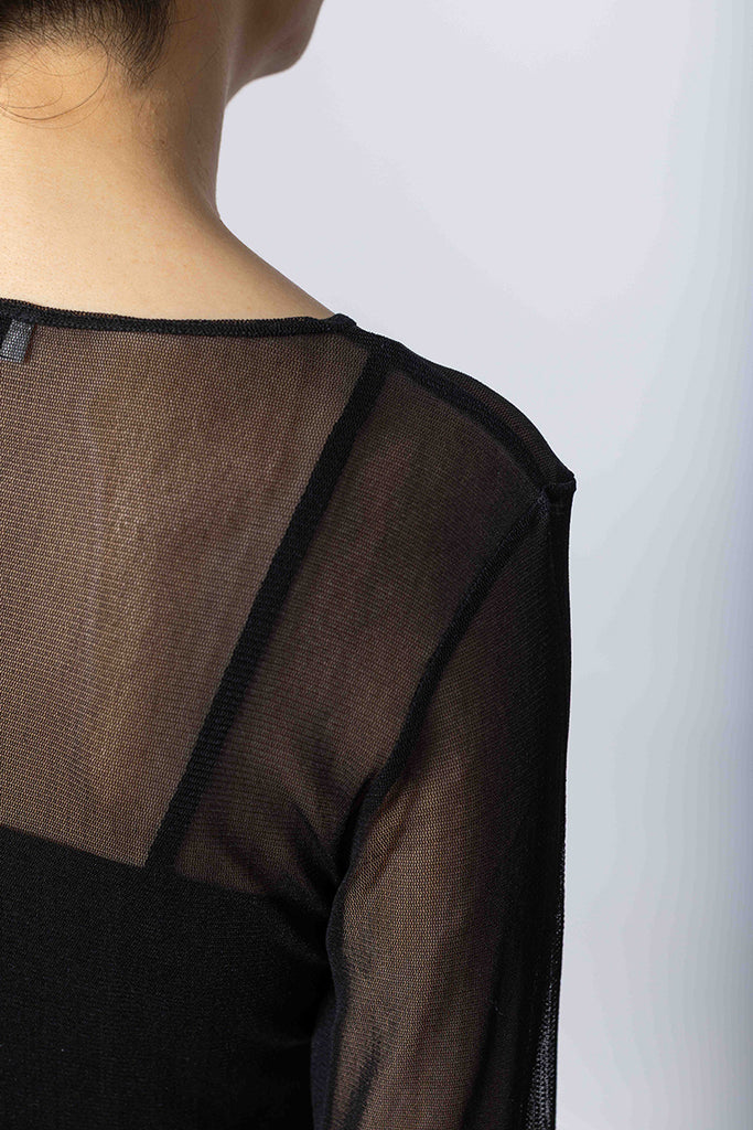 Silk Net Fitted Long Sleeve Top - Black