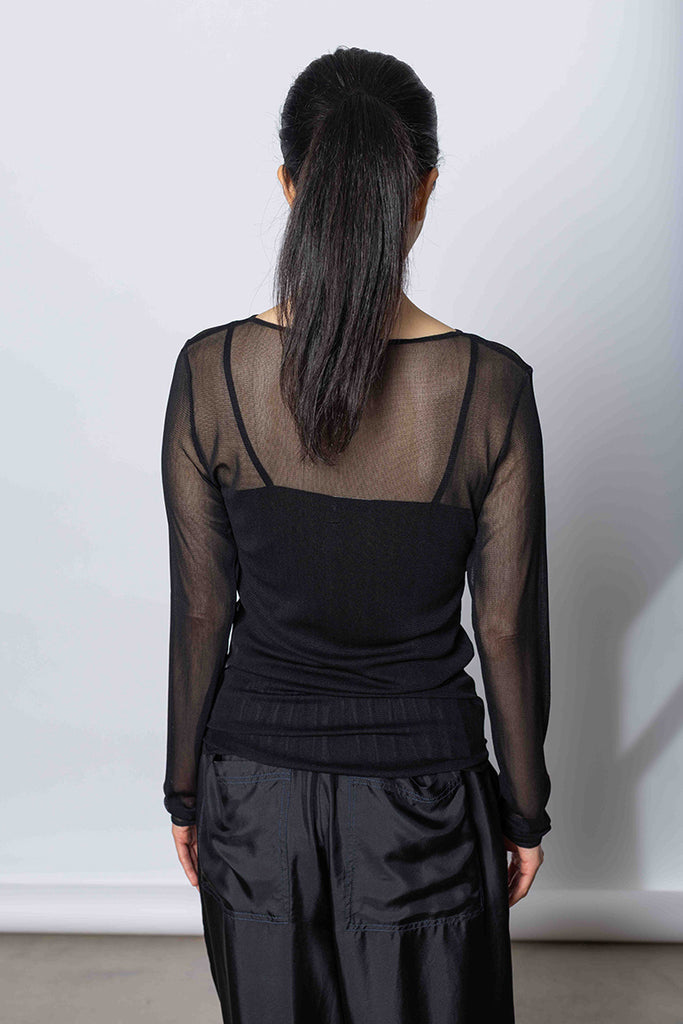 Silk Net Fitted Long Sleeve Top - Black