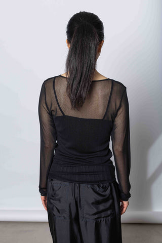 Silk Net Fitted Long Sleeve Top - Black