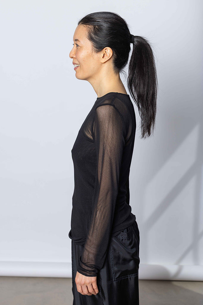 Silk Net Fitted Long Sleeve Top - Black