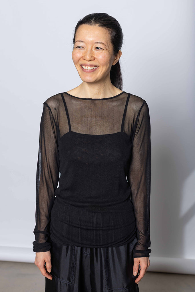 Silk Net Fitted Long Sleeve Top - Black