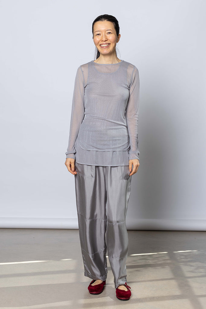 Silk Net Fitted Long Sleeve Top - Grey